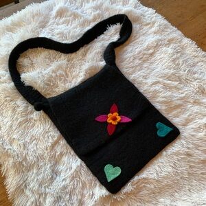 Black Wool Crossbody Bag with Floral Hearts  Accent